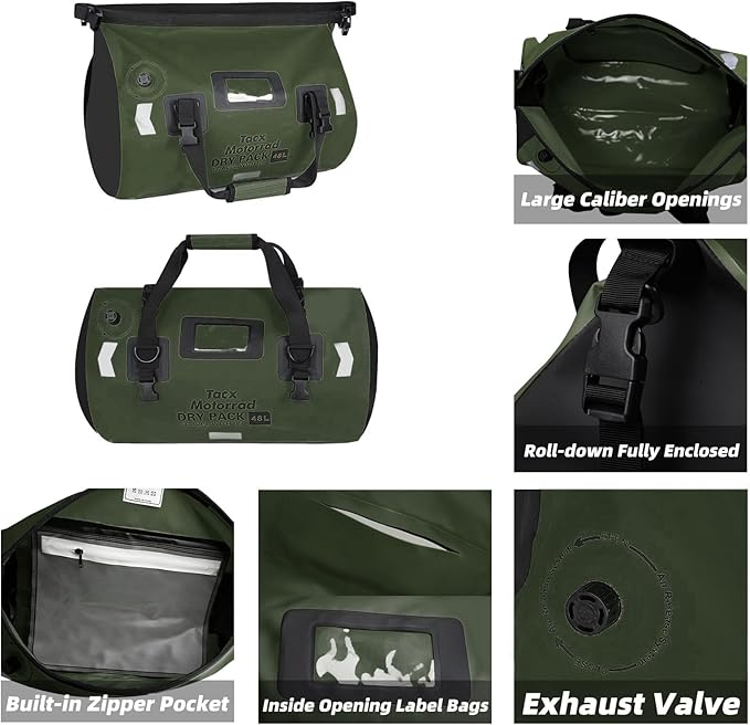 Waterproof Duffel Bag for Men/Women, Roll-top Dry Backpack Duffel Bag with Quick-fixed Straps, Motorcycle Tail Saddle Bag for Motorcycling, Rafting, Boating, Kayaking, Travel, 48L-Green
