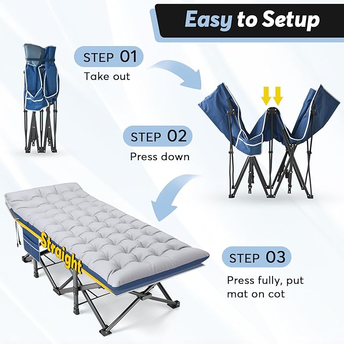 Slendor Oversized XXL Camping Cot, Folding Cot for Adults, 79" L x 32" W x 19" H Sleeping Cot with Mattress, Carry Bag, Camp Cot Bed for Travel, Guest, Support 500lbs, Blue Cot+ Grey Pad
