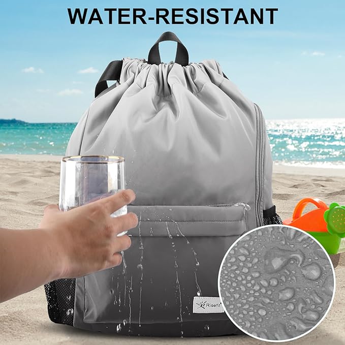 Drawstring Backpack with Mesh Pockets String Gym Bag Sackpack Sandproof Water Resistant Beach Backpack for Men Women