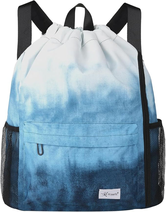 Drawstring Backpack with Mesh Pockets String Gym Bag Sackpack Sandproof Water Resistant Beach Backpack for Men Women