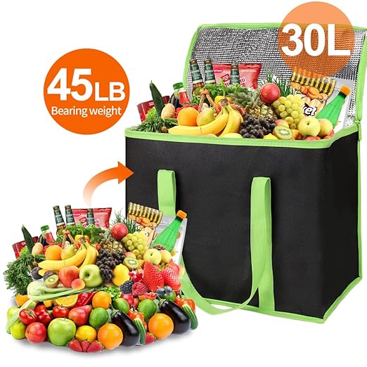Bodaon 3-Pack Insulated Pizza Delivery Bags, X-Large Reusable Grocery Shopping Bags, Black with Green Edge