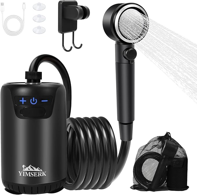 8000mAh Portable Camping Shower, 10-Speed Camp Shower Pump, LED Display, 4 Spray Modes, IPX8 Waterproof Outdoor Shower Kit for Hiking, Travel, Pet, Car Wash