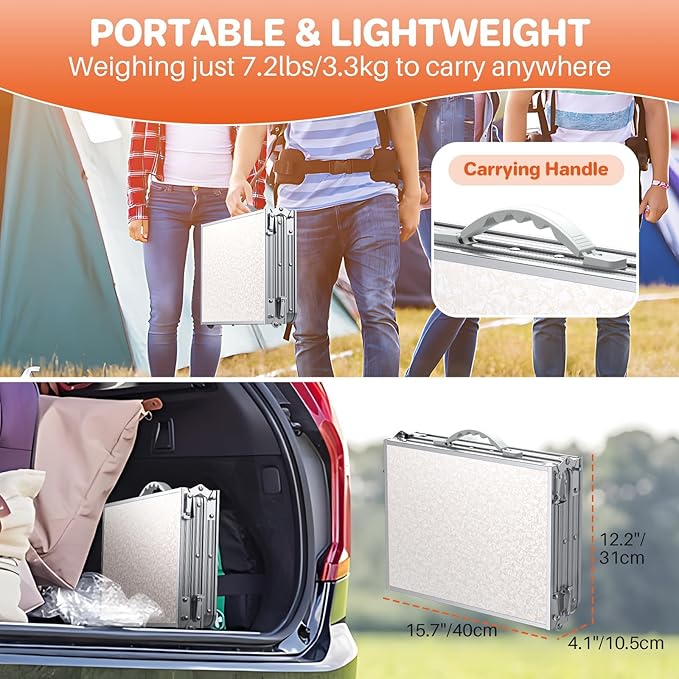 FUNYKICH 3ft Folding Camping Table with 3 Adjustable Height, 34.2'' Lx15.7'' W Portable Picnic Tables, Lightweight Aluminum Outdoor Table with Carry Handle for Camping, Backyard BBQ, Picnic, Beach