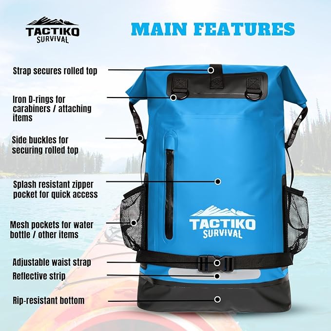 TACTIKO 30L Heavy-Duty 100% Waterproof Backpack, Roll Top Dry Bags for Kayaking, Hiking, Camping, Survival