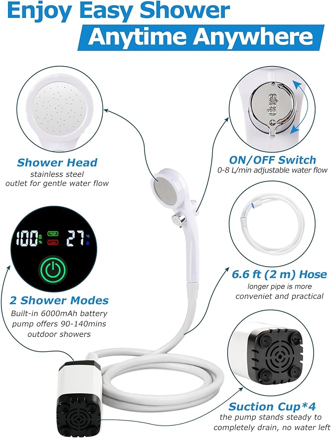 innhom Portable Camping Shower, 6000mAh Rechargeable Camp Shower Pump with LED Display, 2 Mode Electric Portable Shower for Camping, Hiking, Travelling, Washing