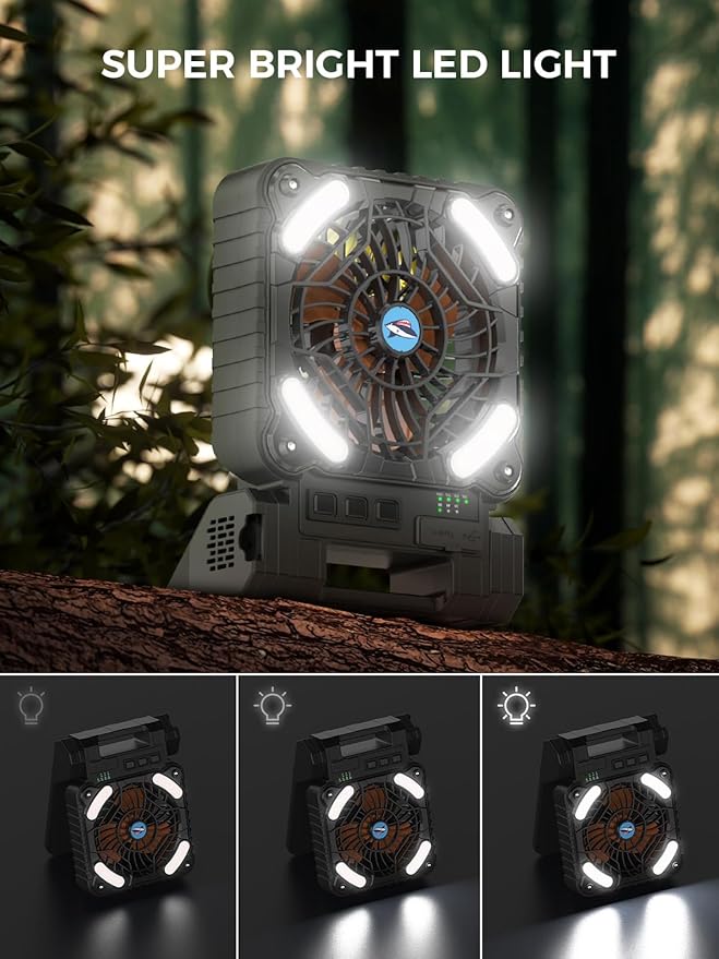 Smiling Shark Camping Fan with LED Lantern, 6000 mAh Rechargeable Solar Camp Fan with 4 Speeds Powerful Wind & 3 Timer 90ยฐ Foldable Cordless Portable Tent Fan for Camping Fishing Hiking