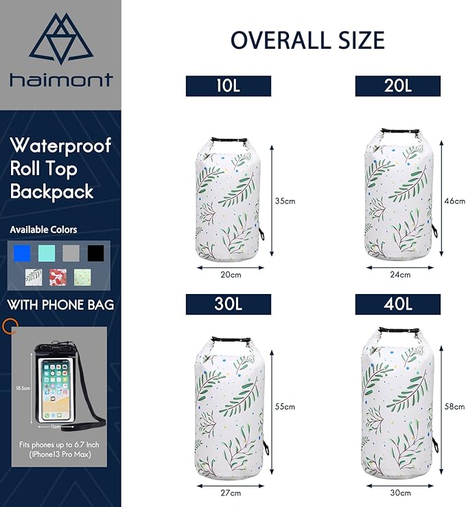 Haimont Waterproof Dry Bag Floating Dry Sack Roll Top Drybag Backpack for Kayaking, Rafting, Boating, Fishing with IPX8 Waterproof Phone Case, Palm Leaves, 20L