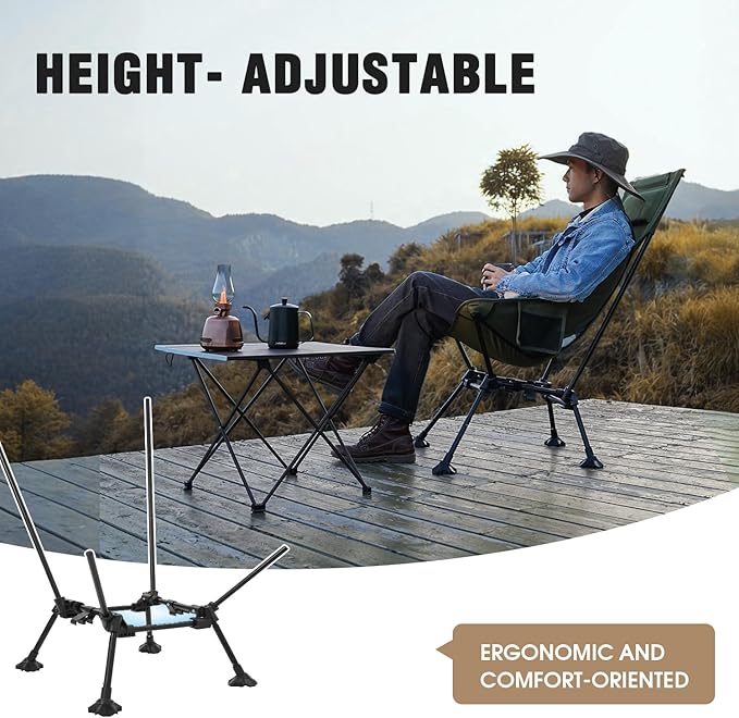 MOON LENCE High Back Folding Camping Chairs, Adjustable Height Beach Chair with Anti-Sinking Feet & Widened Seat (Khaki)