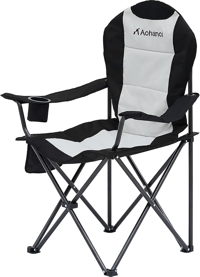 Camping Chairs for Heavy People, Folding Chairs for Outside Outdoor Folding Chairs with Cup Holder & Cooler Bag, Camp Chairs Supports up to 400lbs(1 PC, Black White)