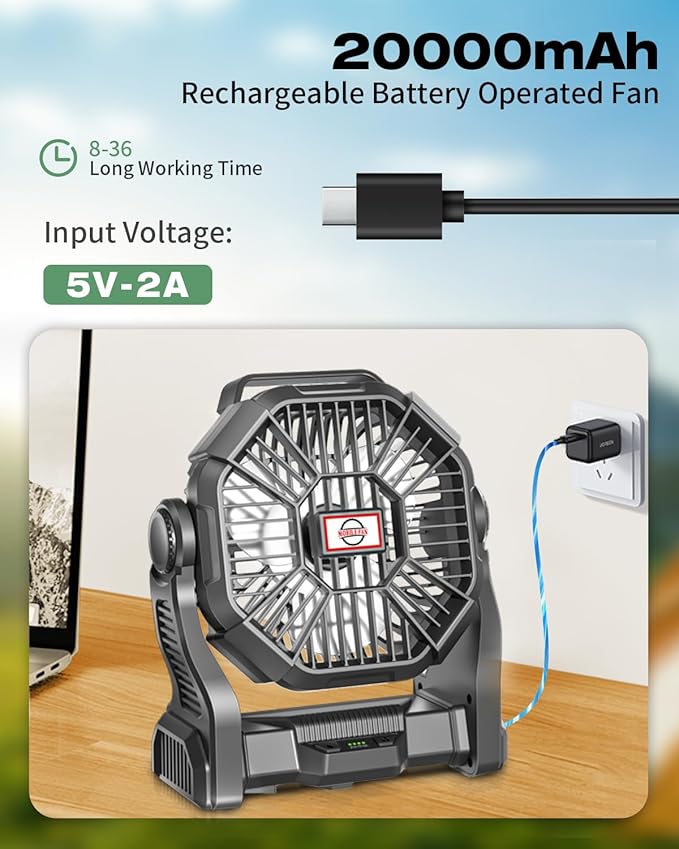 Portable Camping Fan, Rechargeable Battery Operated with LED Lights, Hanging Hook, 270°Rotation, 20000mAh Battery Powered Fan for Beach, Office, Picnic, Fishing, Travel, Tent