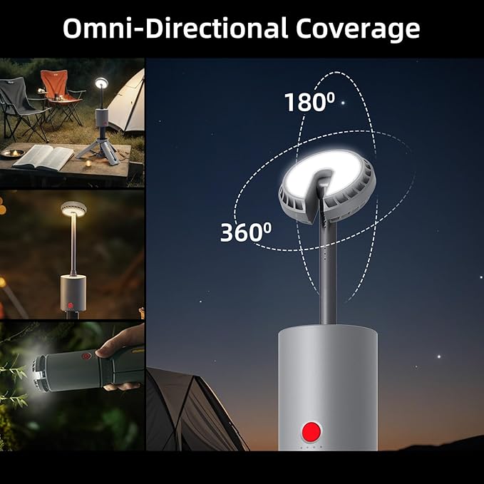 Telescopic Camping Light - Cordless Dimmable Camping Tent Lamp, 10000mAh Rechargeable Magnetic Lantern IPX6/IPX4 Waterproof, 520LM 3000K/5000K + SOS Mode with Ground Stakes (Gray-Red)