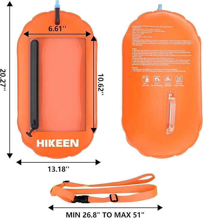 Hikeen Swim Buoy -Waterproof Touchscreen Storage Space, Swim Safety Float w/Adjustable Waist Belt for Open Water Swimmers and Triathletes -Be Bright,Be Safer & Be Seen