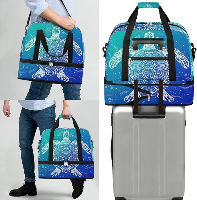 cfpolar Woman Travel Duffel Bag Ocean Turtle Foldable Tote Carry On Luggage Sports Gym Bag With Shoe Compartment Overnight Weekend Yoga Workout Bag Training Handbag