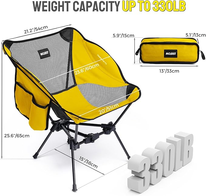 Portable Camping Chair – Compact Lightweight Folding Chair for Adults, Supports 330 lbs – Ideal for Backpacking Hiking, Fishing, Beach, Picnic & Lawn (Yellow)