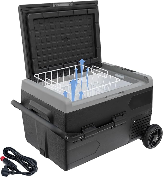12Volt Car Refrigerator, 50L Portable Freezer/Fridge, DC 12V/24V Camping Cooler with wheels, -4℉~68℉, Basket, Compact Refrigerator for Outdoor, RV, Boat, Travel, Multi-directional Lid, Black
