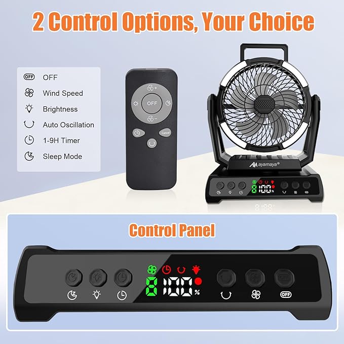 ayamaya Camping Fan with Light, 40000mAh Rechargeable Tent Fan with Remote, 9 Speeds Battery Powered Fans with Digital Display, Timer, Auto Oscillation & Hook for Camping, Outdoor Tents, Hurricane
