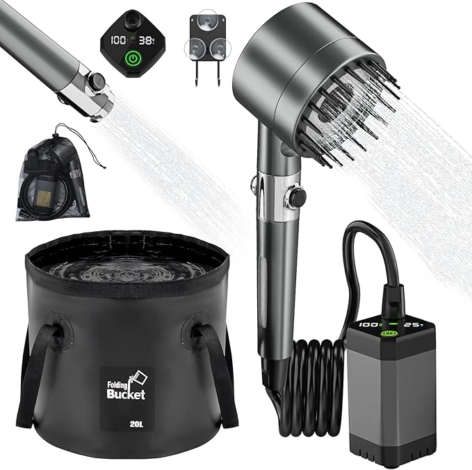 Portable Shower for Camping 6000mAh Rechargeable Shower Pump with Intelligent LED Display & 20L Foldable Bucket 4 Spray Modes Outdoor Shower Head IPX7 Waterproof for Hiking, Travel, Car, Pet, Beach