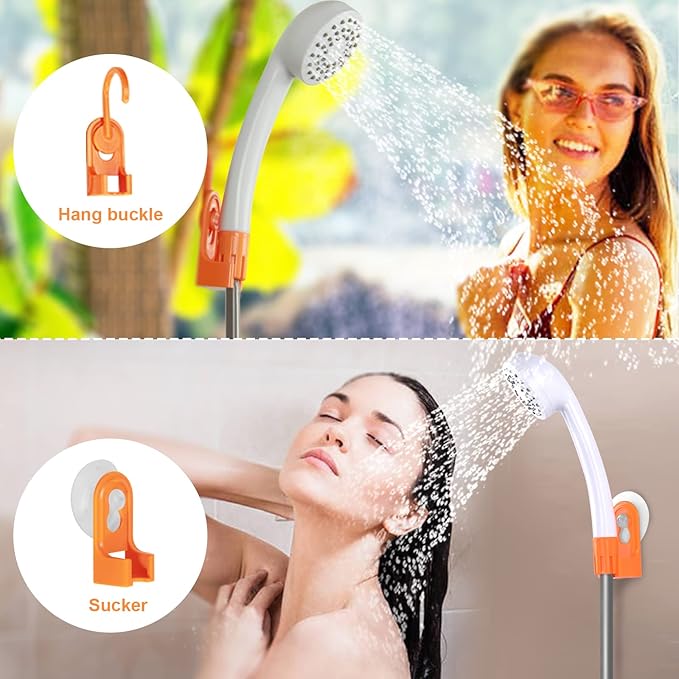 portable outdoor shower, battery driven shower pump, LED lighting, portable shower pump, draws water from a bucket into a stable and gentle shower flow,used for beaches,camping,gardens,hiking,