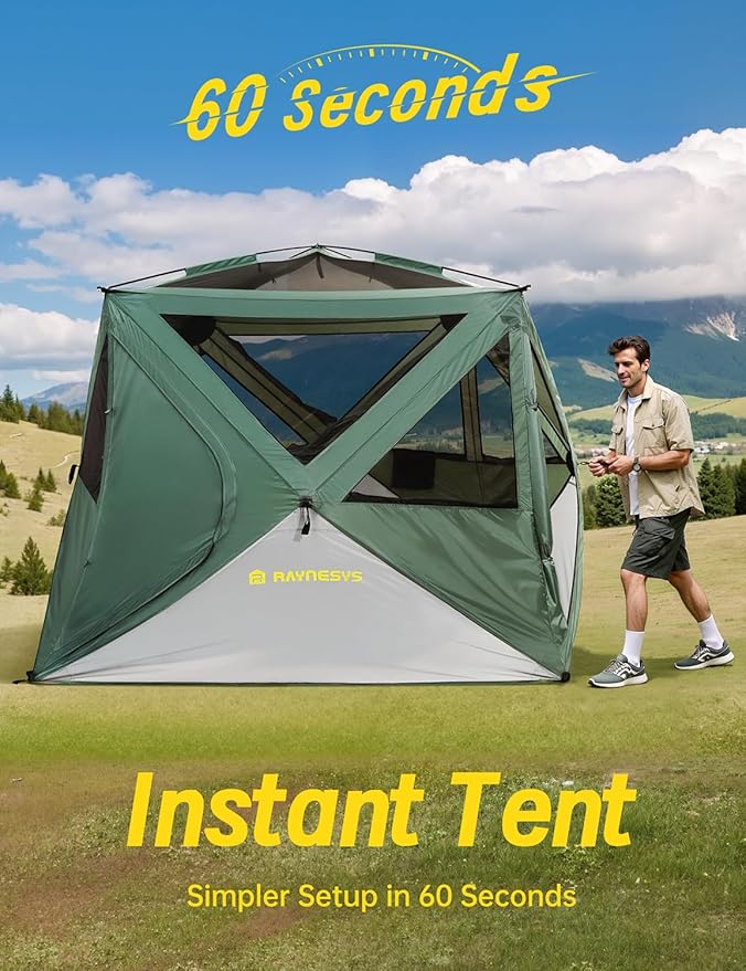 Camping Tent, 4 Person Tent for Camping, Setup in 60 Seconds, 4 Person Pop up Tents, Hub Tents, Water-Resistant, Windproof, Instant Cabin with Removable Floor, Portable