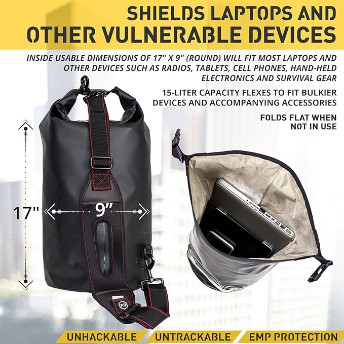 Mission Darkness Dry Shield Faraday Tote 15L // Waterproof Dry Bag for Electronic Device Security & Transport // Signal Blocking, Anti-Tracking, EMP & CME Shield, Data Privacy for Mobile Devices