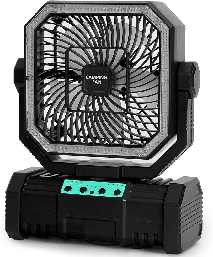 Portable Camping Fan, 20000mAh Rechargeable Battery Operated Oscillating Fan for Tents, 4 Speeds, 360° Rotation Hook, LED Light for Outdoor RV Travel Essentials- Black(No Bluetooth Speaker)