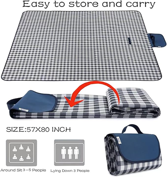 RUIBOLU Beach Blanket Large Picnic Blankets, 80x60in Sandproof Beach Mat for 2-4 Adults Waterproof Quick Drying Outdoor Picnic Mat for Travel Camping Hiking Festival Park Lawn (Dark Blue Plaids)