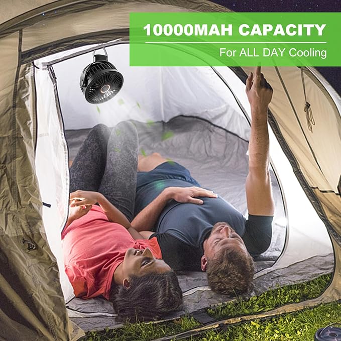 Odoland 2 Packs 10000mAh Camping Rechargeable Fan with Hanging Hook Carabiner, Portable Battery Operated Tent Fan, Quiet Strong Airflow, Outdoor USB Desk Fan for Picnic Travel Barbecue Fishing