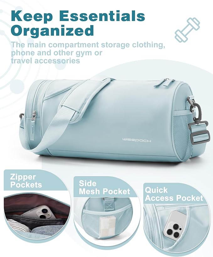 Small Women's Gym Bag - Waterproof Mini Duffle Bag, Travel Duffel with Wet Pocket, Carry On Weekender for Dance, Swimming, Yoga, Fitness - Light Blue