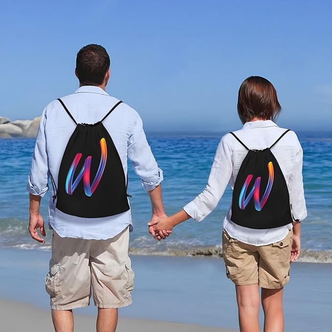 Drawstring Bags Initial Drawstring Backpack Sackpack Black Draw String Cinch Bags for Sports, Gym, Travel, Swimming, Beach, Camping, Rainbow Letter W