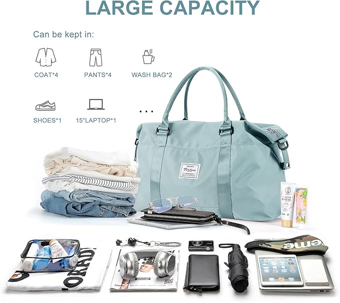 BJLFS Duffel Bag, Light Blue Nylon, 60L, Water-Resistant, Adjustable Strap, Overnight Travel, Workout, Sports Activities, Fits 15.6 Inch Laptop