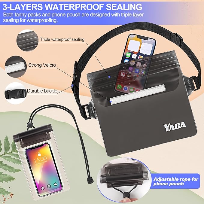 Waterproof Fanny Pack, 2PCS Touchscreen Sensitive Waterproof Phone Pouch, Dry Bag with Adjustable Waist Strap, Water Proof Pouch For Kayaking, Swimming, Boating, Floating, Perfect Beach Essentials