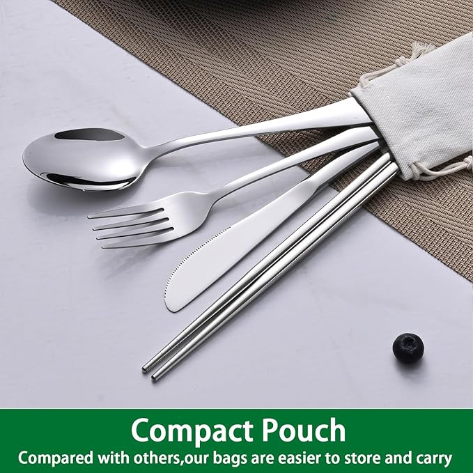 Travel Utentils Set With Pouch,Reusable Portable Camping Silverware Set Knife Spoon Fork Chopsticks For Picnic,Travel Accessories Gadgets,Picnic Essentials