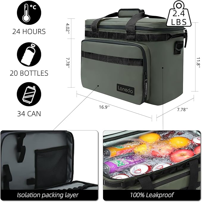 Deep Freeze Cooler Soft Sided Cooler Bag, 34 Can Collapsible Insulated Ice Chest, Large Leakproof Camping & Travel Cooler for Kayaking & Beach