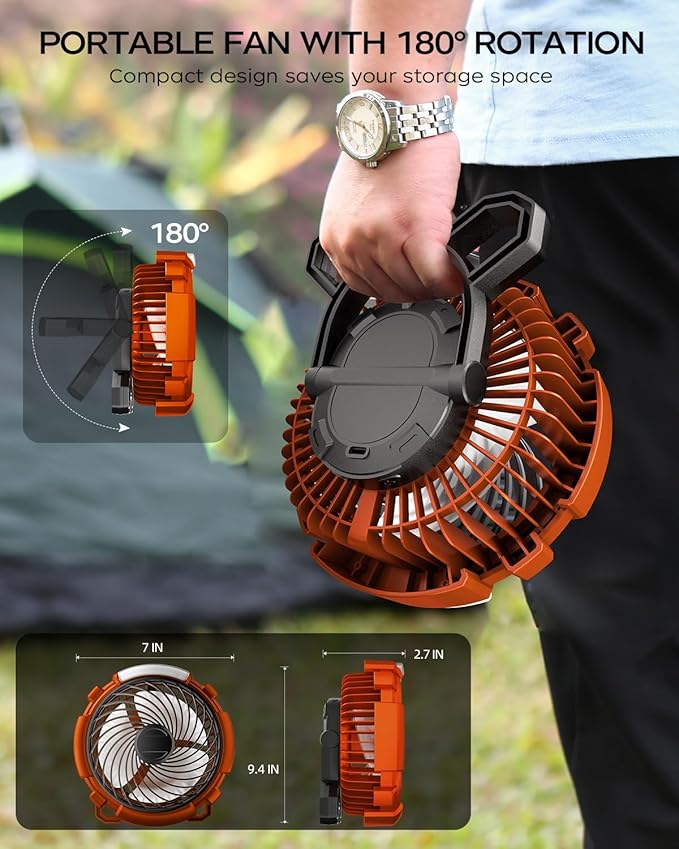 Camping Fan with LED Lantern, 6000mAh Battery Operated Rechargeable Fan, 3 Speeds,180° Rotation, Portable Desk Fan with Hanging Hook, Tent Fan for Travel Camping Outdoor Fishing