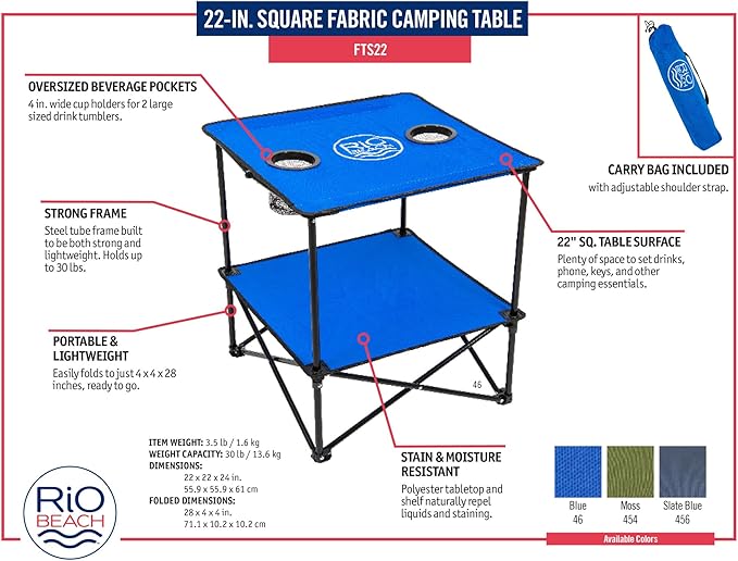 Rio Brands 22" Square Lightweight Fabric Portable Folding Beach Table with Cupholders, Blue