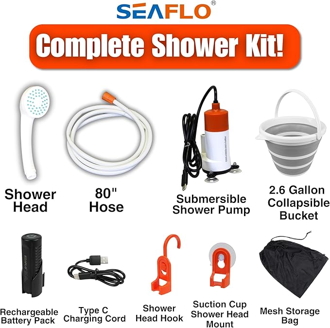 SEAFLO Portable Camping/Outdoor Shower, Rechargeable Battery, 2.64 Gallons Per Min, 40-Minute Runtime Outdoor Camping Pet Washing, Type-C Charging, 80" Hose (with or Without 2.6 Gallon Bucket)