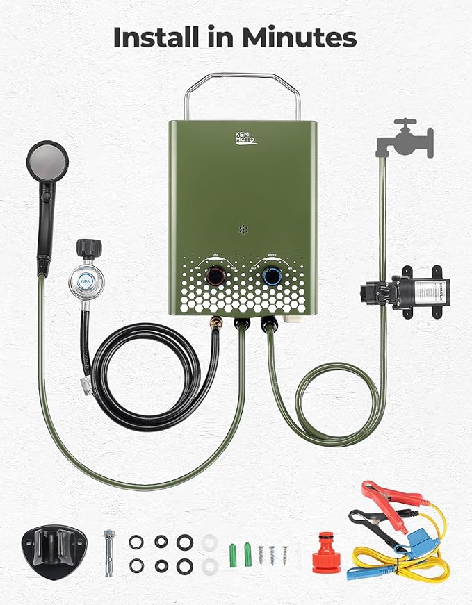 KEMIMOTO Camping Portable Tankless Water Heater with 1.2GPM Pump,5L Capacity,1.32Gpm 34000 BTU Instant Propane Water Hot Heater,Easy Installation,Suitable For Rv/Camping/Cabin
