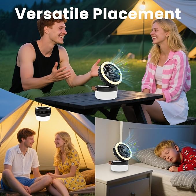 Solar Camping Fan Rechargeable Camping Light, Folding Solar Powered Fan for Outdoors, Portable utdoor Lights with USB Output for Camping Tent, Mountain, Emergency (Black)