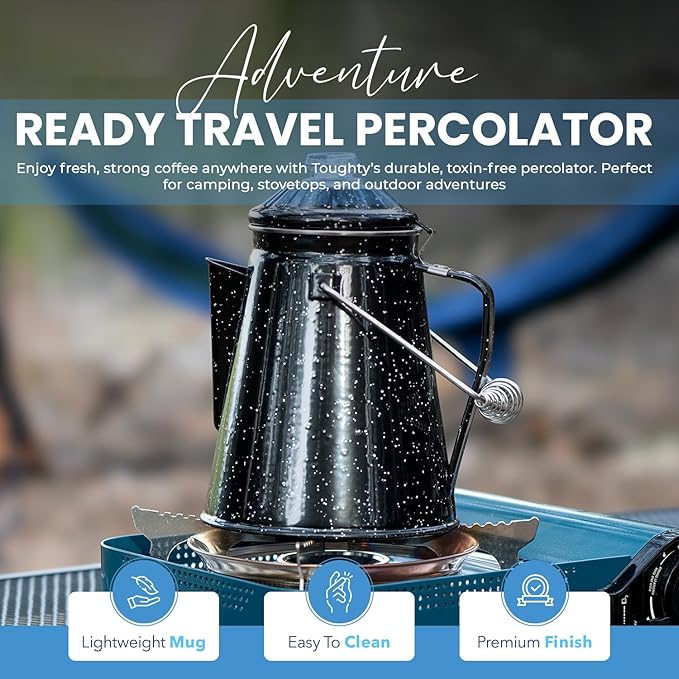Toughty Enamel Coffee Percolator with 2 Cups - Stovetop Camping Coffee Maker for Open Fire, Grill or Gas Stove - Durable Old-Fashioned Cowboy-Style Metal Pot - 12-cup Classic Design - Black