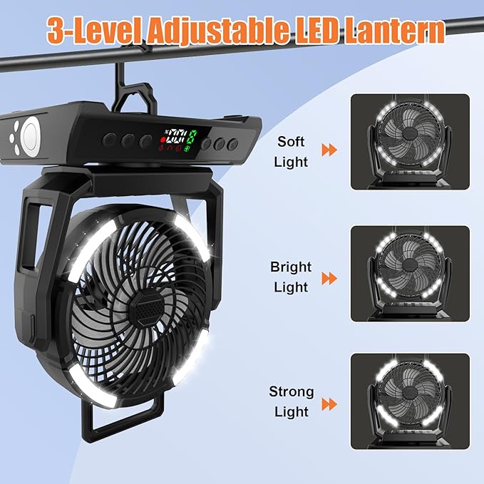 ayamaya Camping Fan with Light, 40000mAh Rechargeable Tent Fan with Remote, 9 Speeds Battery Powered Fans with Digital Display, Timer, Auto Oscillation & Hook for Camping, Outdoor Tents, Hurricane