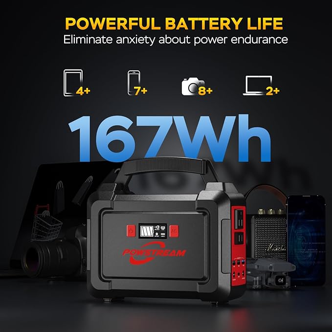 POWSTREAM Solar Powered Generator 167Wh Portable Power Station with Solar Panel 30W Included, 100W Power Bank with AC Outlet QC3.0 for Camping Boat Trip Hunting Outdoor Adventures Emergency Backup