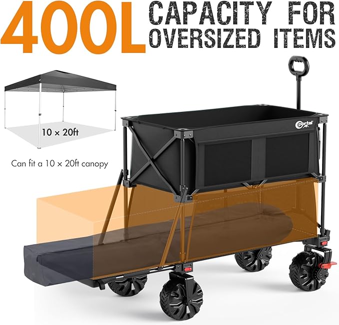 PORTAL 400L Large Capacity Collapsible Double Decker Wagon with Brakes, 450LB Heavy Duty Folding Cart with Tailgate, Foldable Utility Wagons for Camping, Beach, Garden, Sports, Shopping