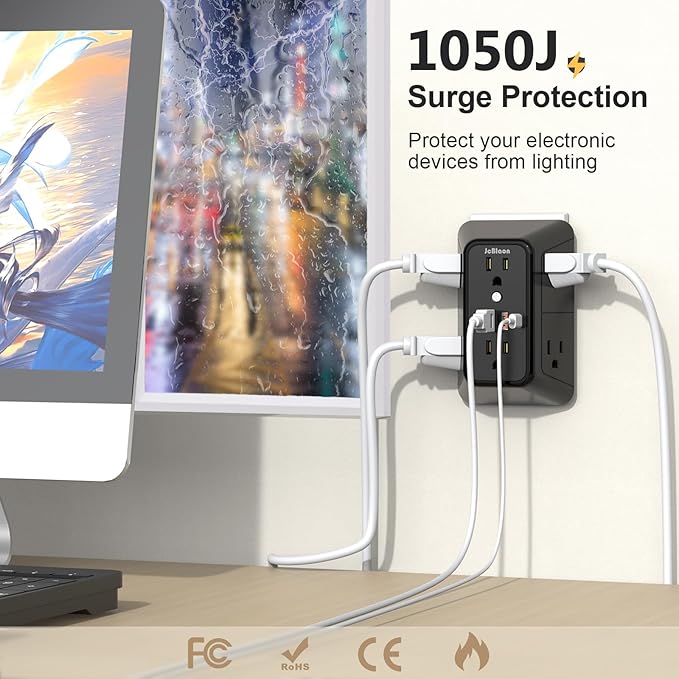 Outlet Extender Surge Protector - 6 Outlet Splitter with 4 USB Ports (2 USB C), Multiple Plug Expander Wall Charger, 3 Sided Multi Plug Wall Adapter Power Strip for Home Office Kitchen Travel Black