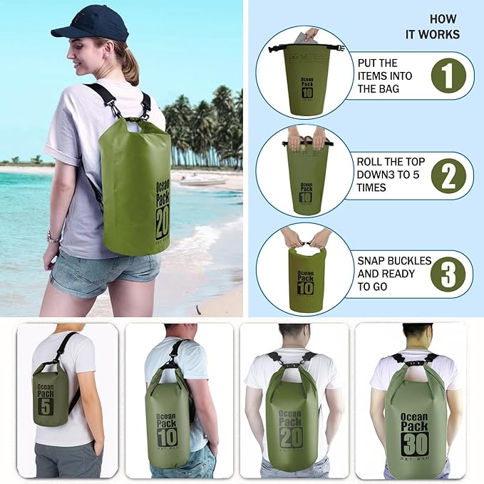 Floating Waterproof Dry Bag Backpack 5L/10L/20L, Roll Top Bag for Kayaking, Rafting, Boating, Swimming, Camping, Hiking, Beach, Fishing, Waterproof Beach Bag. (Forest green, 5L)