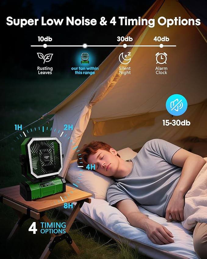 Camping Fan with Bluetooth Speaker Portable Fan,20000mAh Rechargeable Battery Powered Fans, 360° Hanging Hook for Outdoor Picnic Tent Beach Travel Barbecue, Green