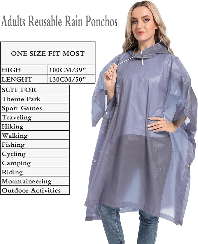 Reusable Rain Ponchos with Drawstring Hood for Adults, Waterproof Thicken Rain Coat, 2 Packs
