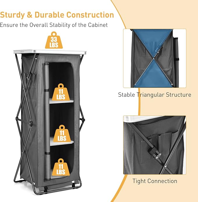 Goplus Folding Camping Storage Cabinet, Pop Up Outdoor Camping Kitchen Station with Large 3-Tier Storage Organizer, Carry Bag, Easy Set Up Portable Compact Camping Table for BBQ Picnic Backyard (55'')