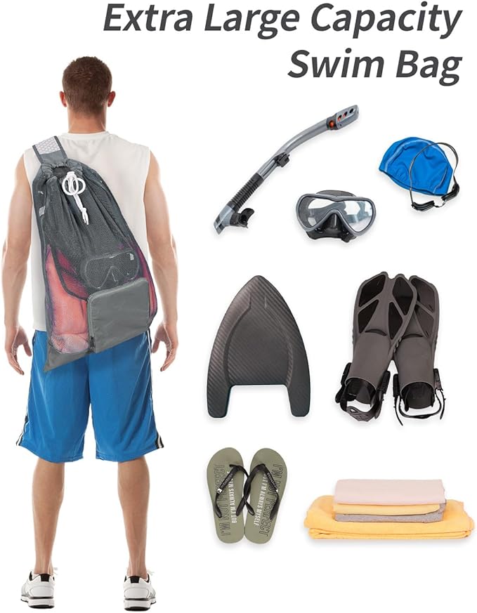 WANDF Swim Bag Foldable Mesh Drawstring Bag with Quick-dry Shoulder Strap Beach Backpack with Wet Pocket for Swimming, Gym, and Workout Gear (Grey Patent Pending)