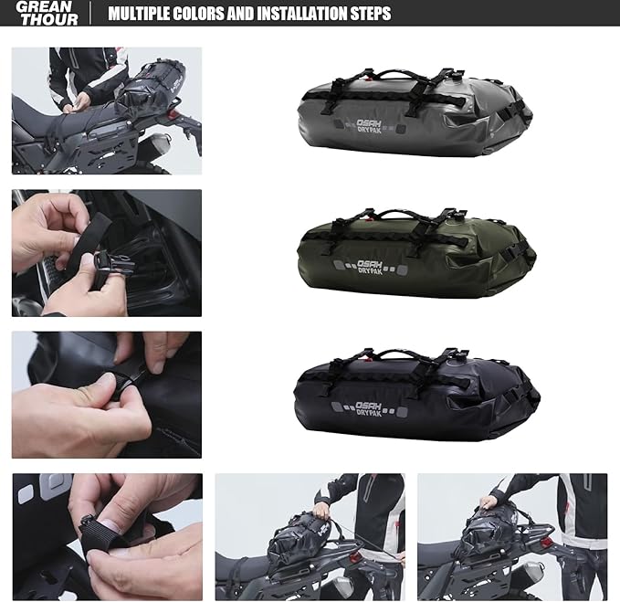 Waterproof Duffle & Tail Bag Saddle Bags, 20L Large Storage Space, for Motorcycle Back Seat, Dry Bag - Black