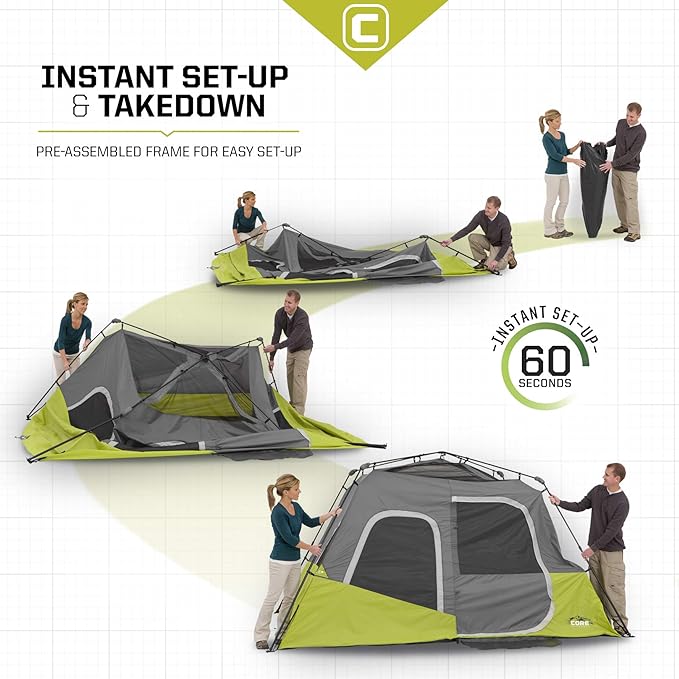 CORE Instant Cabin Tents | 6 Person / 9 Person / 10 Person / 12 Person Family Cabin Multi Room Pop Up Tents Car Camping | Included Storage Pockets for Camping Accessories